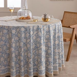 Dusty Blue Floral Round Cotton Tablecloth