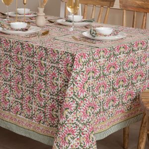 Pink Green and Yellow Floral Cotton Tablecloth